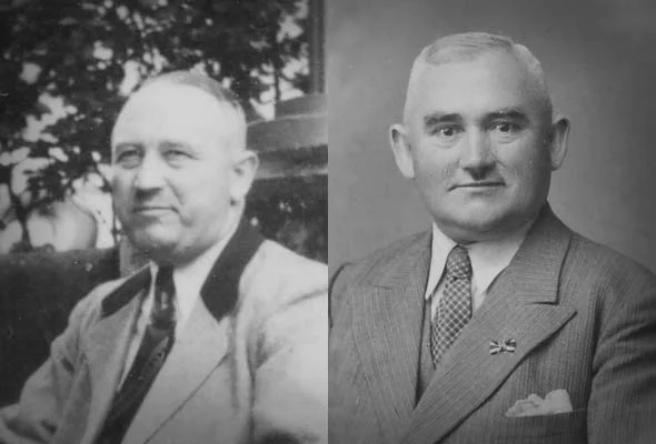 Schwarz-Weiß-Porträts von Johann und Matthias Conrady, den Gründern der Gebr. Conrady